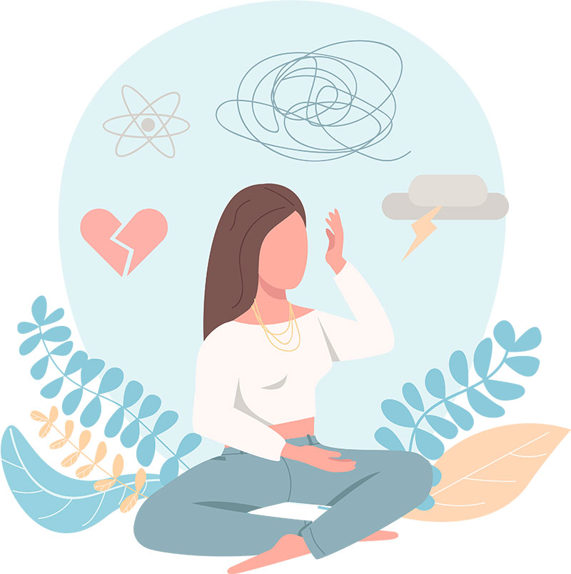 A vector graphic of a woman sitting and contemplating stressful thoughts. Anxiety treatment in Seattle, WA can help you address symptoms of anxiety from the comfort of home. Contact an anxiety therapist in Seattle, WA to learn more about online therapy for anxiety. 