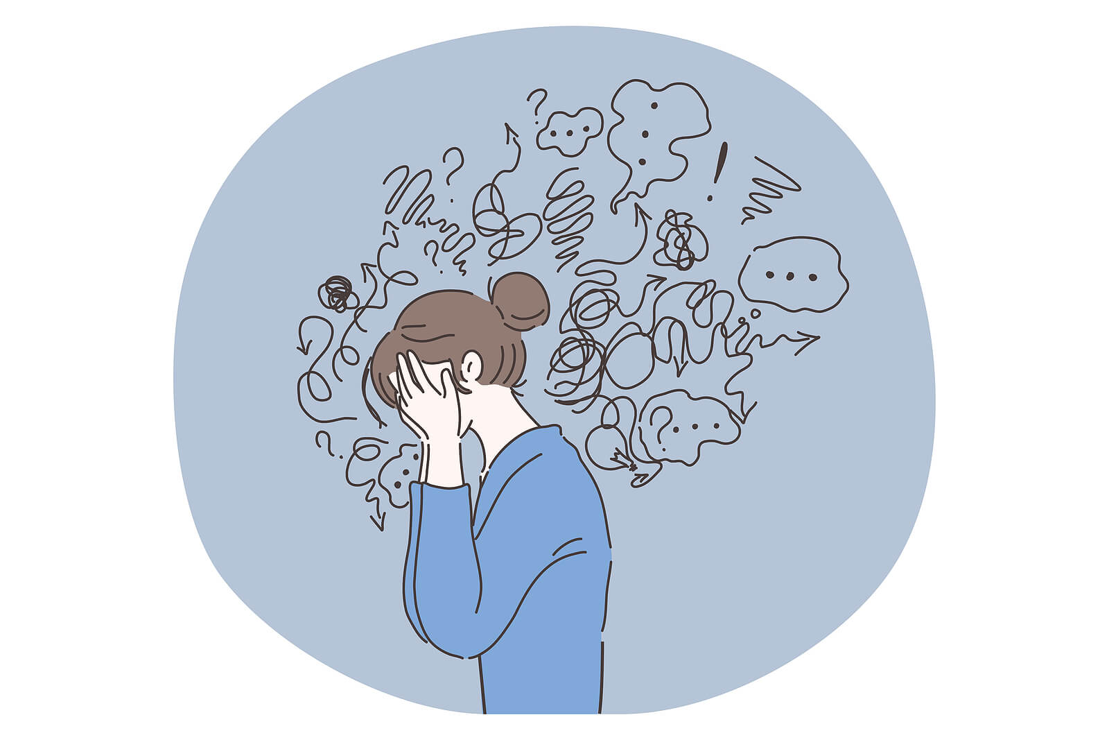 A graphic of a woman holding her head as cluttered thoughts flood their mind. Learn more about how EMDR therapy in Seattle, WA can offer support from the comfort of home in overcoming traumatic thoughts. Learn more about online EMDR therapy in Seattle, WA by contacting an EMDR therapist in Seattle, WA.
