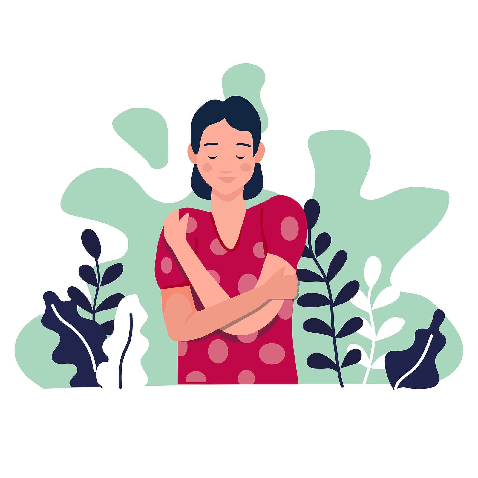 A graphic of a woman hugging herself, representing the self love EMDR therapy in Seattle, WA can cultivate. Contact an EMDR therapist in Seattle, WA to learn more about eye movement desensitization and reprocessing in Seattle, WA, online EMDR in Seattle, WA, and more.